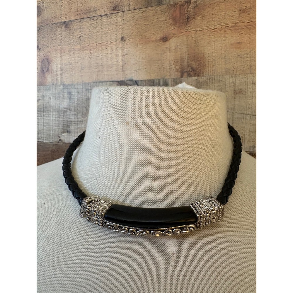 Black Braided Cord Choker Necklace Silver Filigree Magnetic Clasp 16 Inch